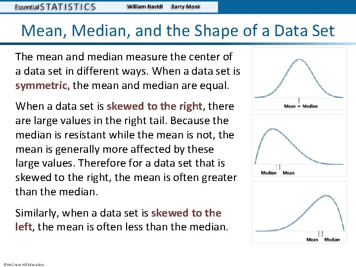 Mean, Median, and the Shape of a Data Set The mean and median measure