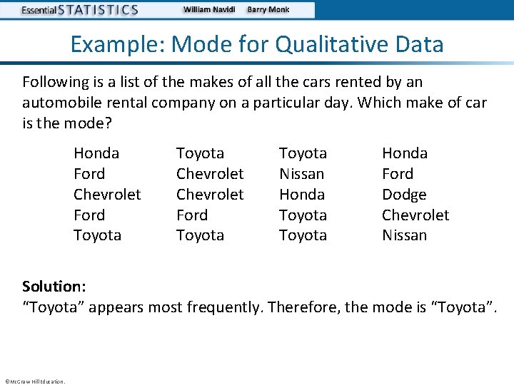 Example: Mode for Qualitative Data Following is a list of the makes of all