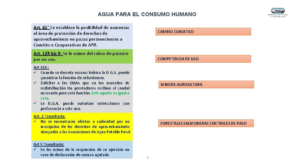 AGUA PARA EL CONSUMO HUMANO Art. 61° Se establece la posibilidad de aumentar el