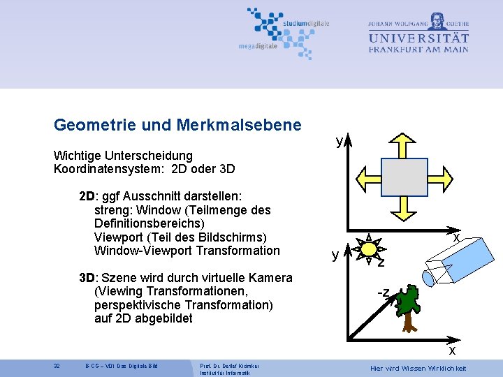 Geometrie und Merkmalsebene y Wichtige Unterscheidung Koordinatensystem: 2 D oder 3 D 2 D: