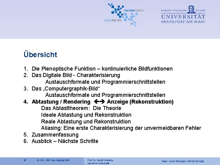 Übersicht 1. Die Plenoptische Funktion – kontinuierliche Bildfunktionen 2. Das Digitale Bild - Charakterisierung