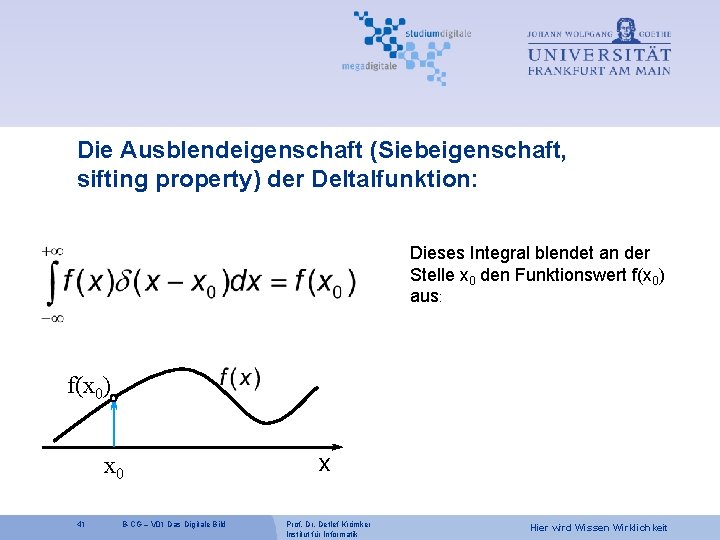 Die Ausblendeigenschaft (Siebeigenschaft, sifting property) der Deltalfunktion: Dieses Integral blendet an der Stelle x