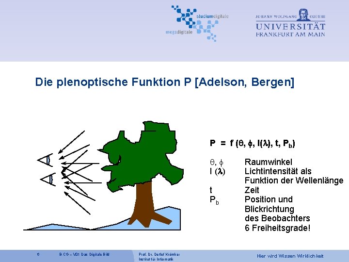 Die plenoptische Funktion P [Adelson, Bergen] P = f (q, f, I( ), t,