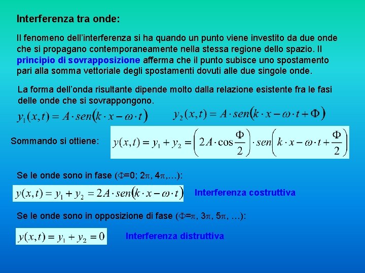 Interferenza tra onde: Il fenomeno dell’interferenza si ha quando un punto viene investito da