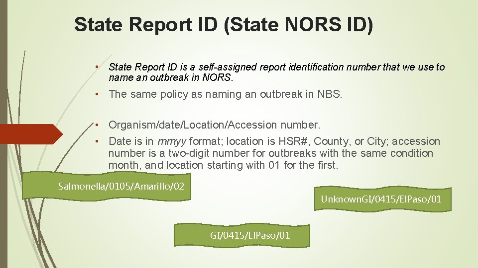 State Report ID (State NORS ID) • State Report ID is a self-assigned report