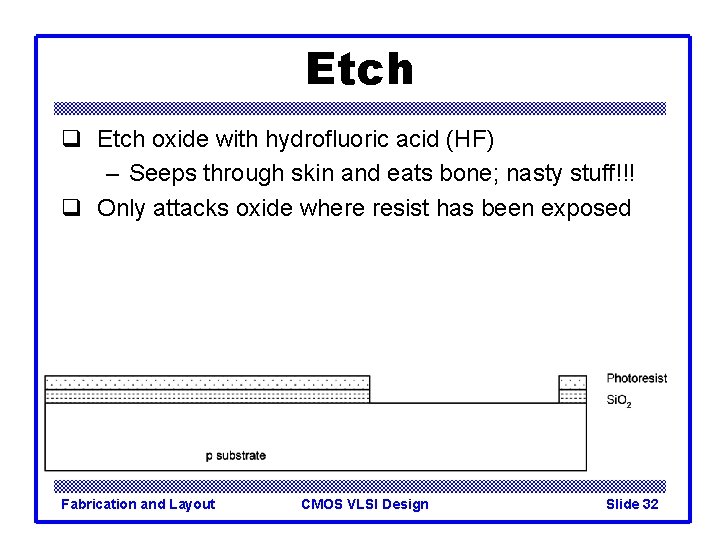 Etch q Etch oxide with hydrofluoric acid (HF) – Seeps through skin and eats
