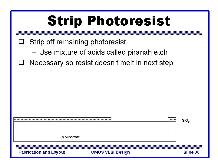 Strip Photoresist q Strip off remaining photoresist – Use mixture of acids called piranah