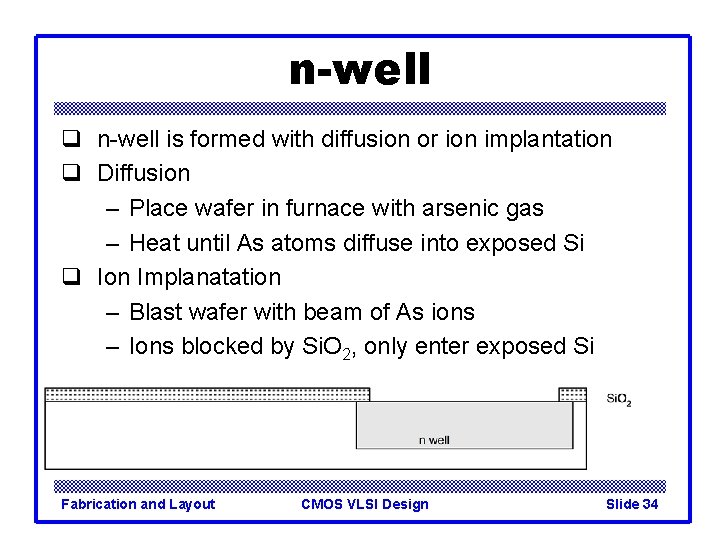 n-well q n-well is formed with diffusion or ion implantation q Diffusion – Place