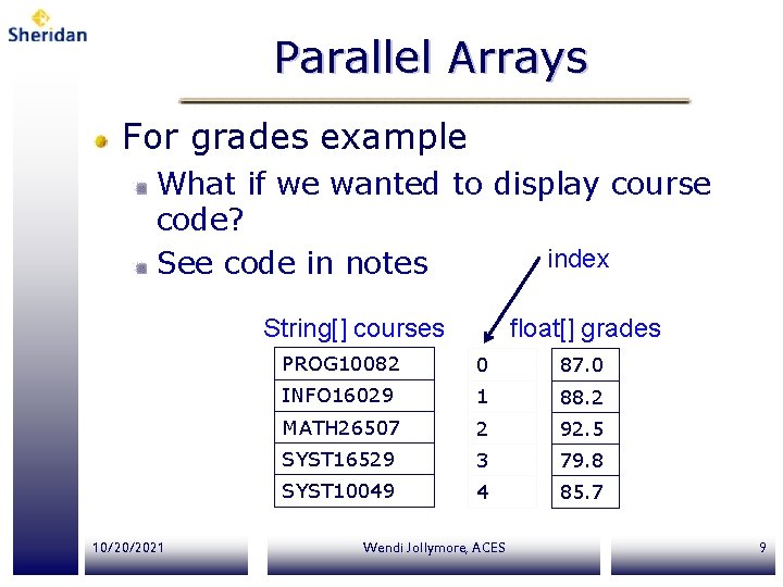 Parallel Arrays For grades example What if we wanted to display course code? index