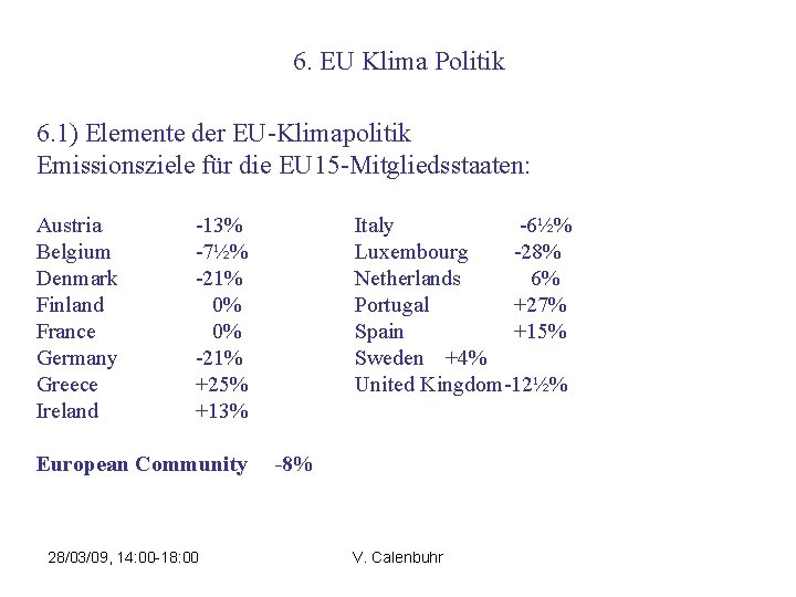 6. EU Klima Politik 6. 1) Elemente der EU-Klimapolitik Emissionsziele für die EU 15