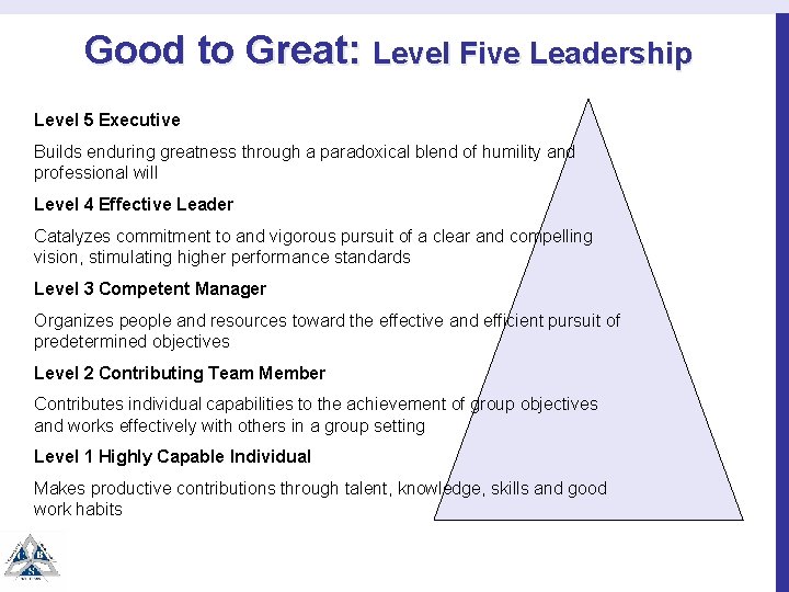 Good to Great: Level Five Leadership Level 5 Executive Builds enduring greatness through a
