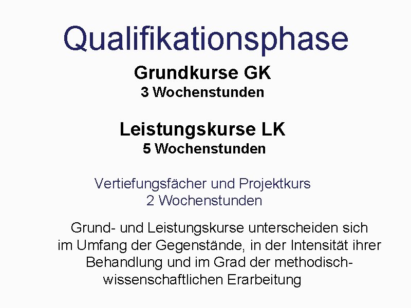 Qualifikationsphase Grundkurse GK 3 Wochenstunden Leistungskurse LK 5 Wochenstunden Vertiefungsfächer und Projektkurs 2 Wochenstunden