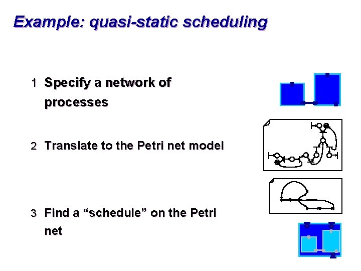 Example: quasi-static scheduling 1 Specify a network of processes 2 Translate to the Petri