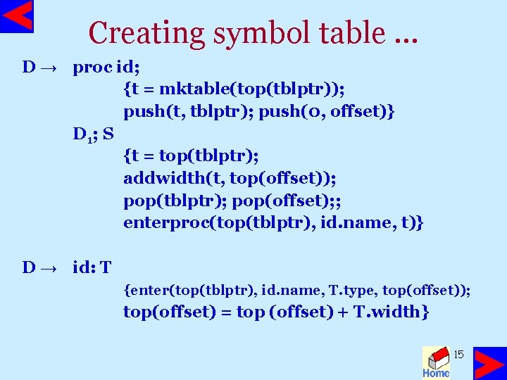 Creating symbol table … D → proc id; {t = mktable(top(tblptr)); push(t, tblptr); push(0,