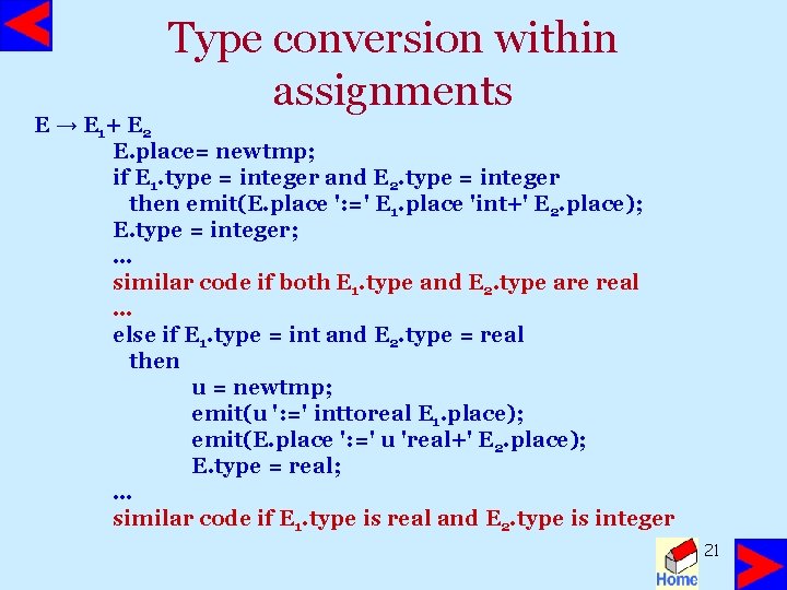 Type conversion within assignments E → E 1 + E 2 E. place= newtmp;