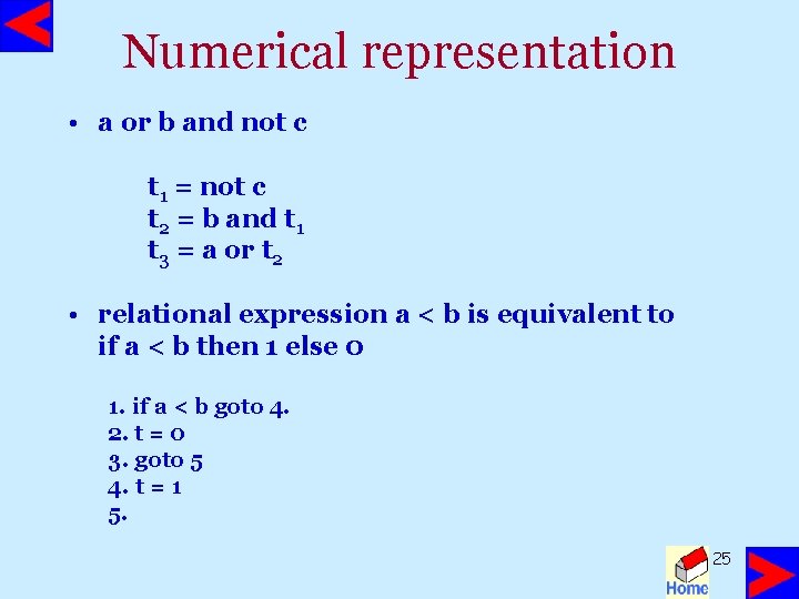 Numerical representation • a or b and not c t 1 = not c