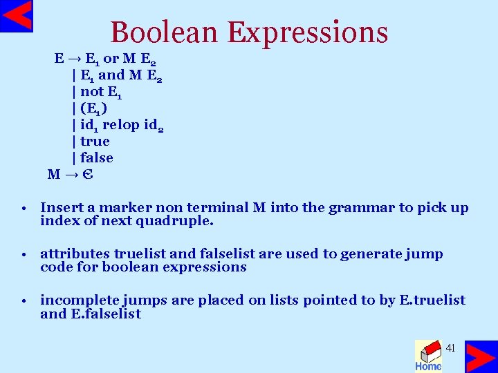 Boolean Expressions E → E 1 or M E 2 | E 1 and