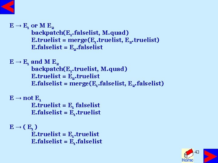 E → E 1 or M E 2 backpatch(E 1. falselist, M. quad) E.