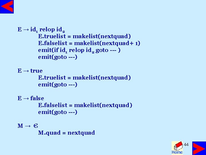 E → id 1 relop id 2 E. truelist = makelist(nextquad) E. falselist =