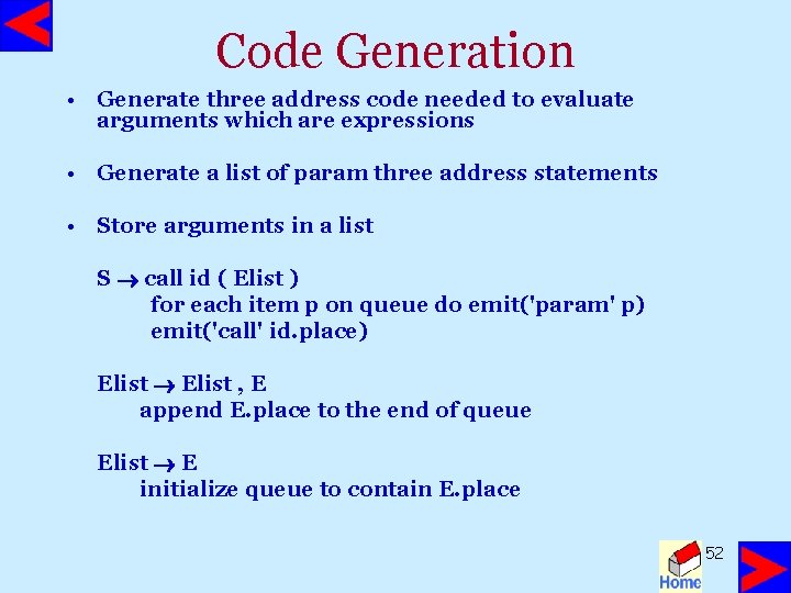 Code Generation • Generate three address code needed to evaluate arguments which are expressions
