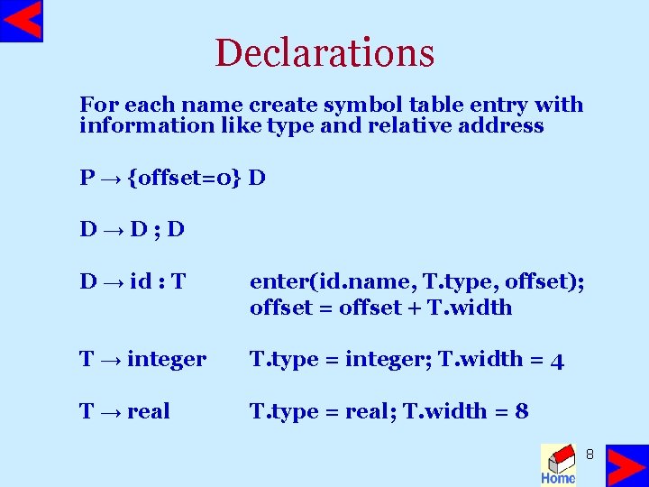 Declarations For each name create symbol table entry with information like type and relative