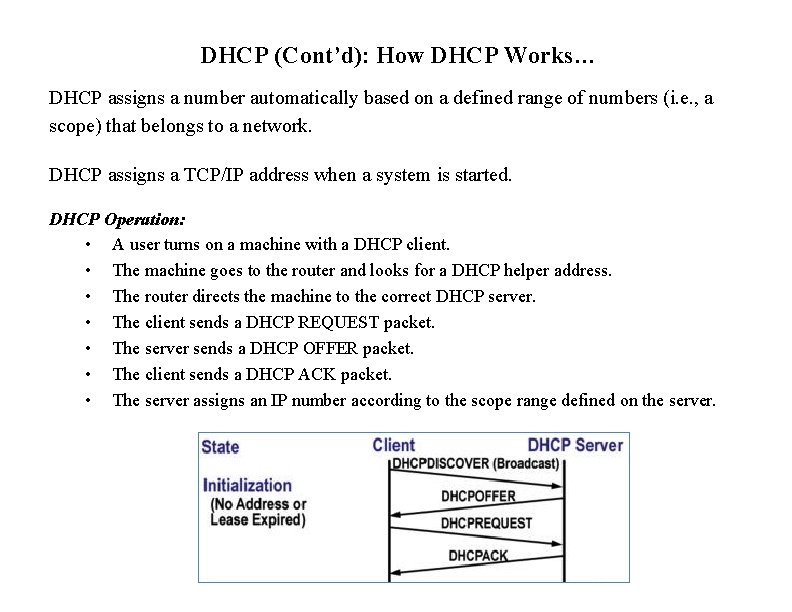 DHCP (Cont’d): How DHCP Works… DHCP assigns a number automatically based on a defined