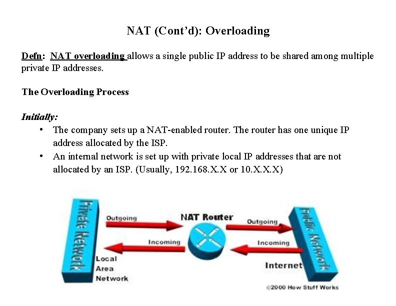 NAT (Cont’d): Overloading Defn: NAT overloading allows a single public IP address to be
