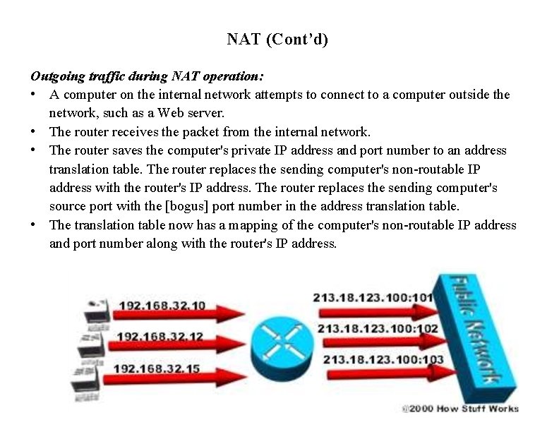 NAT (Cont’d) Outgoing traffic during NAT operation: • A computer on the internal network