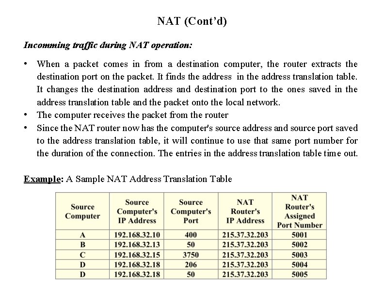 NAT (Cont’d) Incomming traffic during NAT operation: • When a packet comes in from