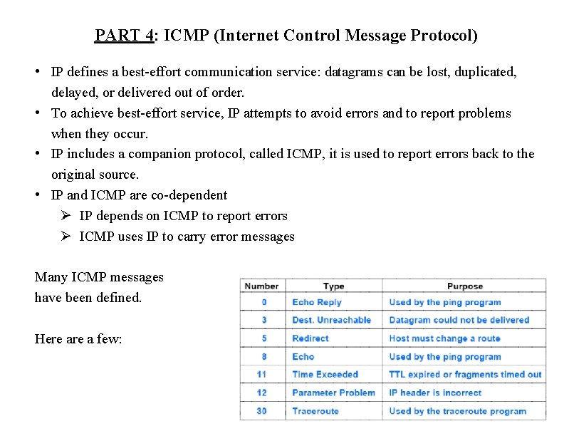 PART 4: ICMP (Internet Control Message Protocol) • IP defines a best-effort communication service: