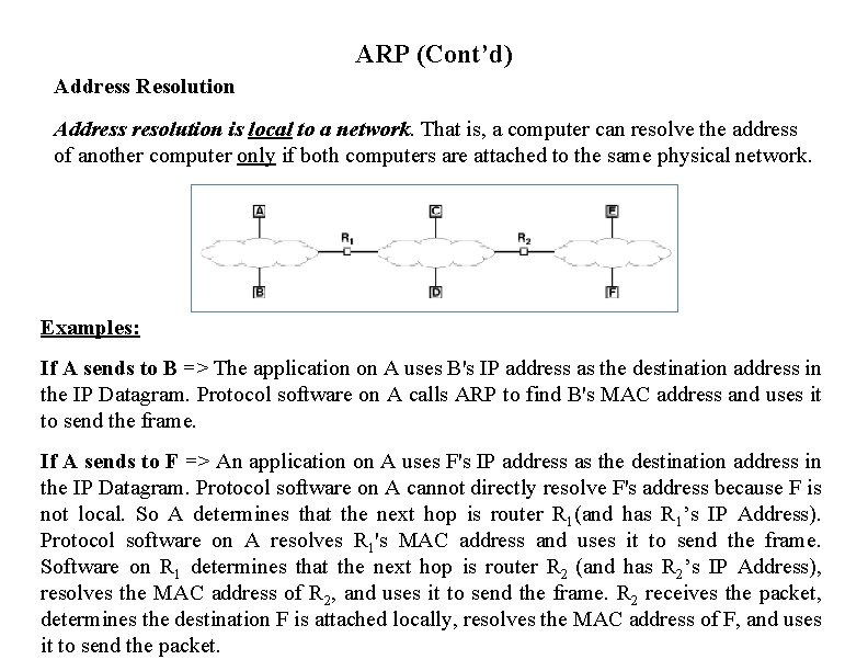 ARP (Cont’d) Address Resolution Address resolution is local to a network. That is, a