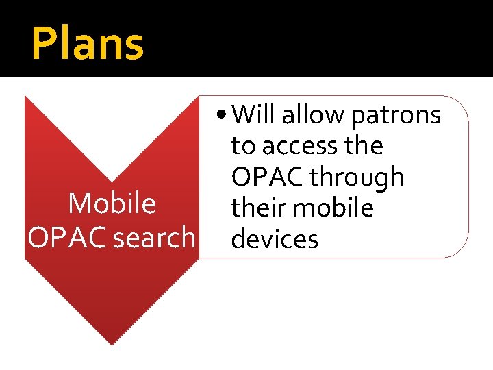 Plans • Will allow patrons to access the OPAC through Mobile their mobile OPAC