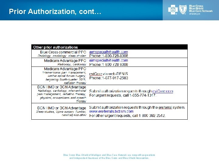 Prior Authorization, cont… Blue Cross Blue Shield of Michigan and Blue Care Network are