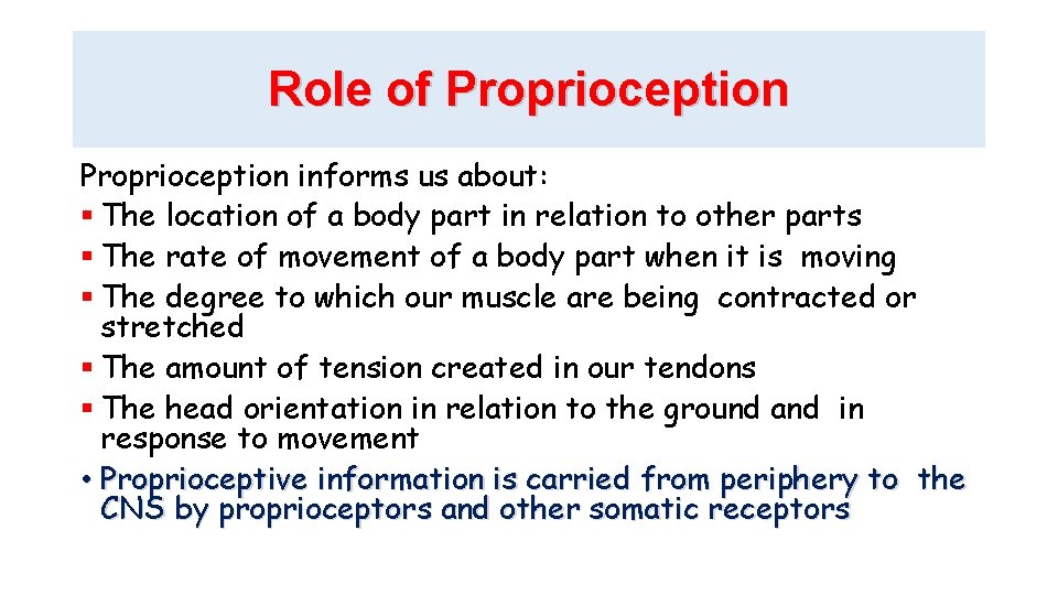 Role of Proprioception informs us about: The location of a body part in relation