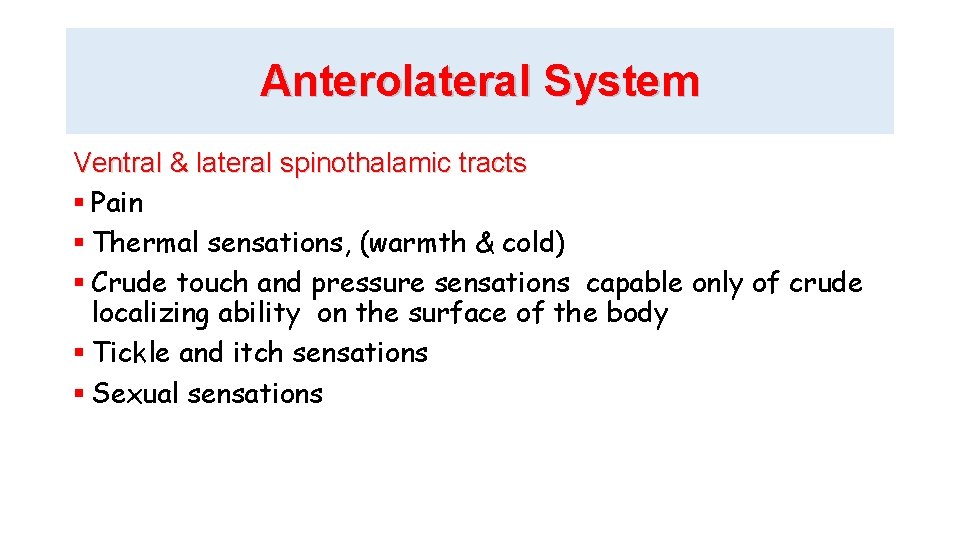 Anterolateral System Ventral & lateral spinothalamic tracts Pain Thermal sensations, (warmth & cold) Crude