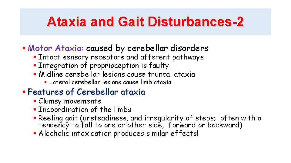 Ataxia and Gait Disturbances-2 Motor Ataxia: caused by cerebellar disorders Intact sensory receptors and