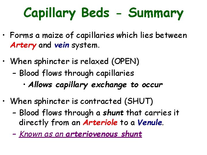 Capillary Beds - Summary • Forms a maize of capillaries which lies between Artery