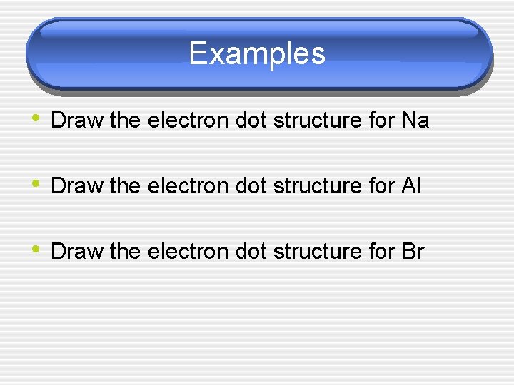 Examples • Draw the electron dot structure for Na • Draw the electron dot