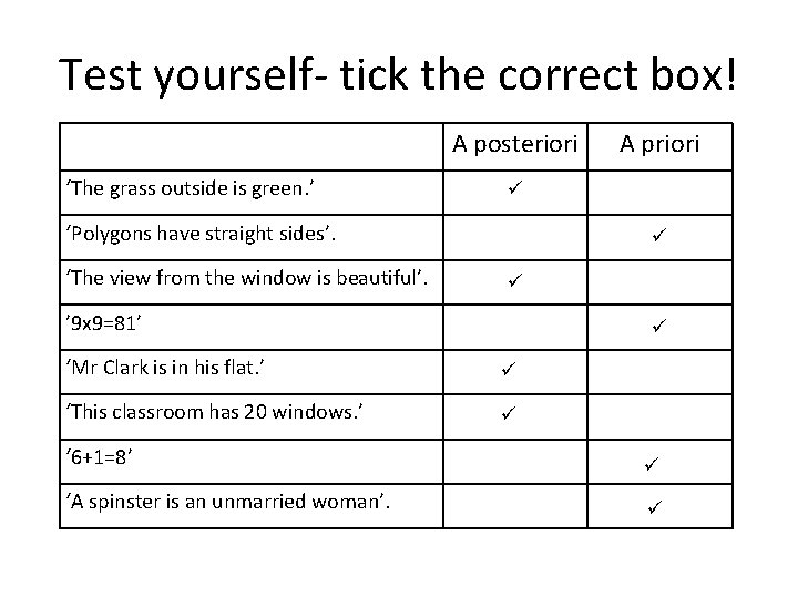Test yourself- tick the correct box! A posteriori ‘The grass outside is green. ’