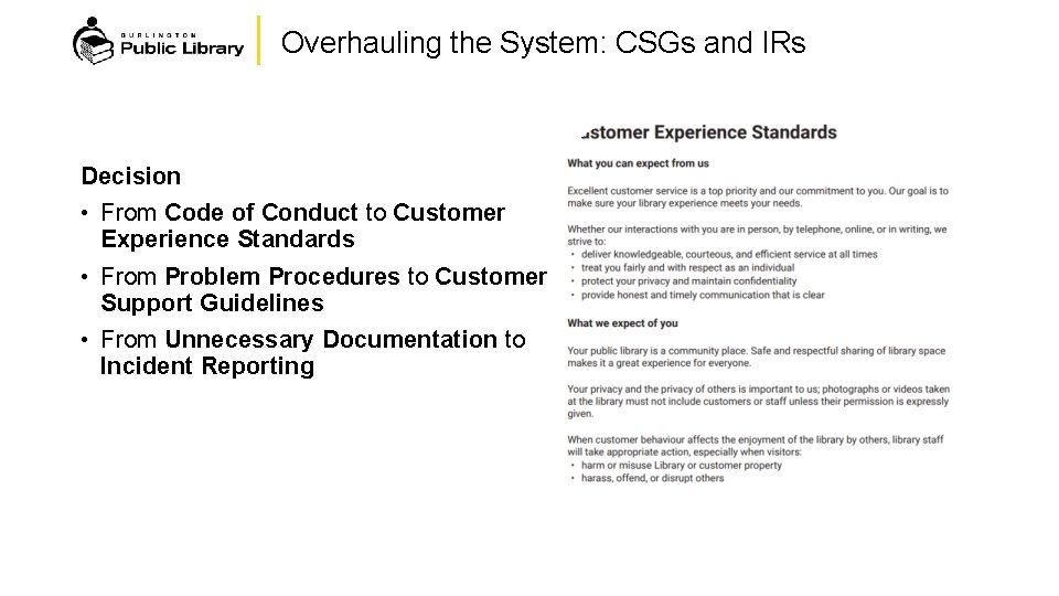 Overhauling the System: CSGs and IRs Decision • From Code of Conduct to Customer