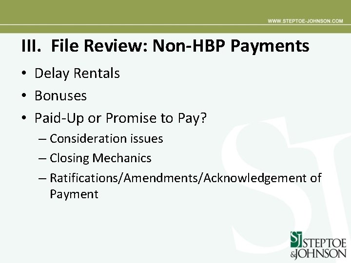 III. File Review: Non-HBP Payments • Delay Rentals • Bonuses • Paid-Up or Promise