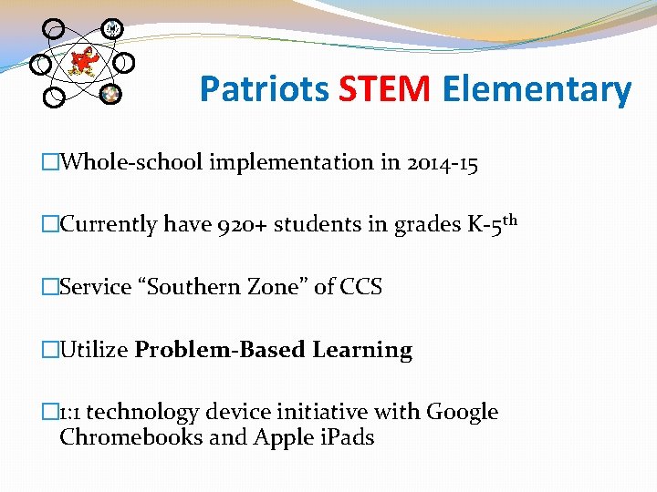 Patriots STEM Elementary �Whole-school implementation in 2014 -15 �Currently have 920+ students in grades