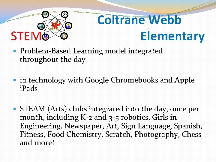 STEM Coltrane Webb Elementary § Problem-Based Learning model integrated throughout the day § 1: