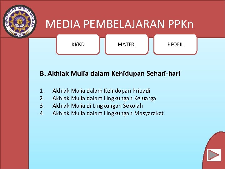 MEDIA PEMBELAJARAN PPKn KI/KD MATERI PROFIL B. Akhlak Mulia dalam Kehidupan Sehari-hari 1. 2.