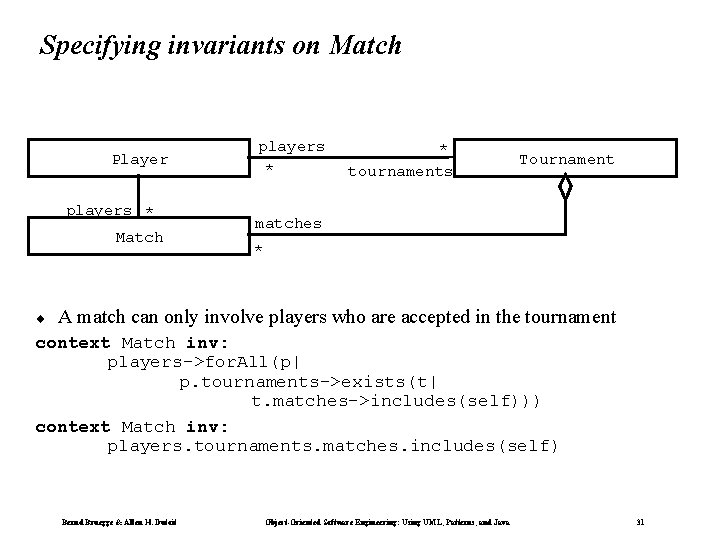 Specifying invariants on Match Player players * Match ¨ players * * tournaments Tournament Specifying invariants on Match Player players * Match ¨ players * * tournaments Tournament