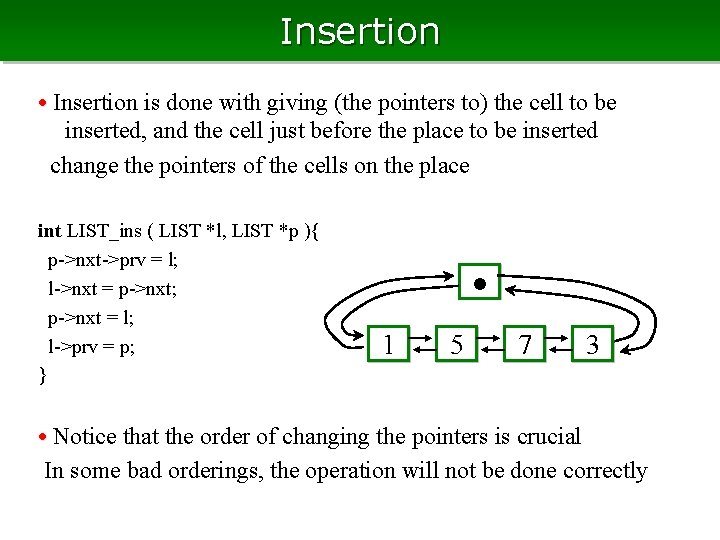 Insertion • Insertion is done with giving (the pointers to) the cell to be Insertion • Insertion is done with giving (the pointers to) the cell to be