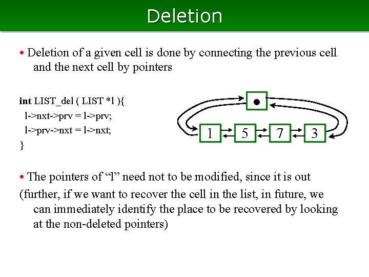 Deletion • Deletion of a given cell is done by connecting the previous cell Deletion • Deletion of a given cell is done by connecting the previous cell