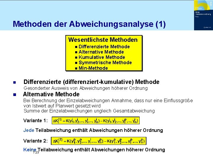Methoden der Abweichungsanalyse (1) Wesentlichste Methoden Differenzierte Methode n Alternative Methode n Kumulative Methode