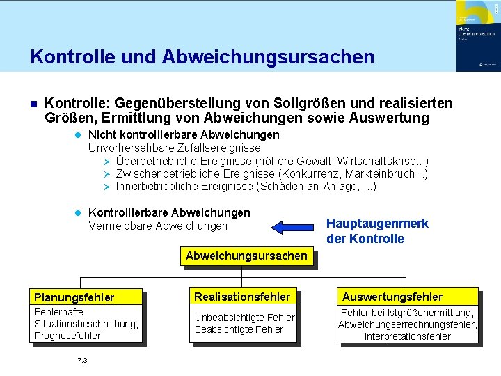 Kontrolle und Abweichungsursachen n Kontrolle: Gegenüberstellung von Sollgrößen und realisierten Größen, Ermittlung von Abweichungen