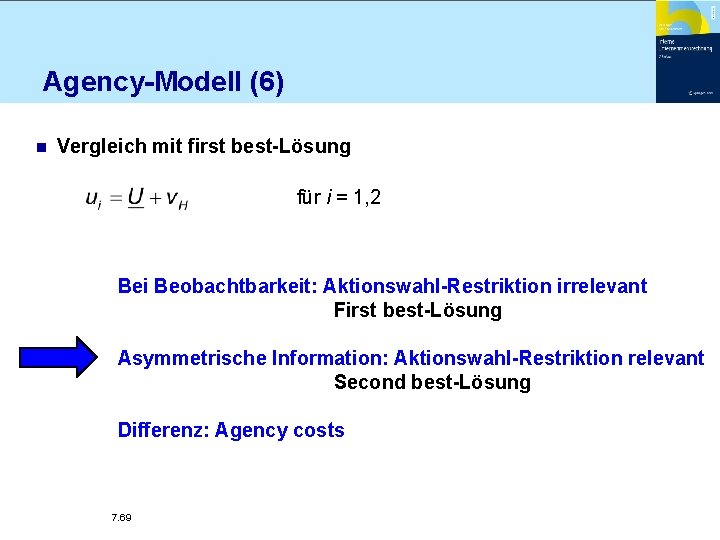Agency-Modell (6) n Vergleich mit first best-Lösung für i = 1, 2 Bei Beobachtbarkeit: